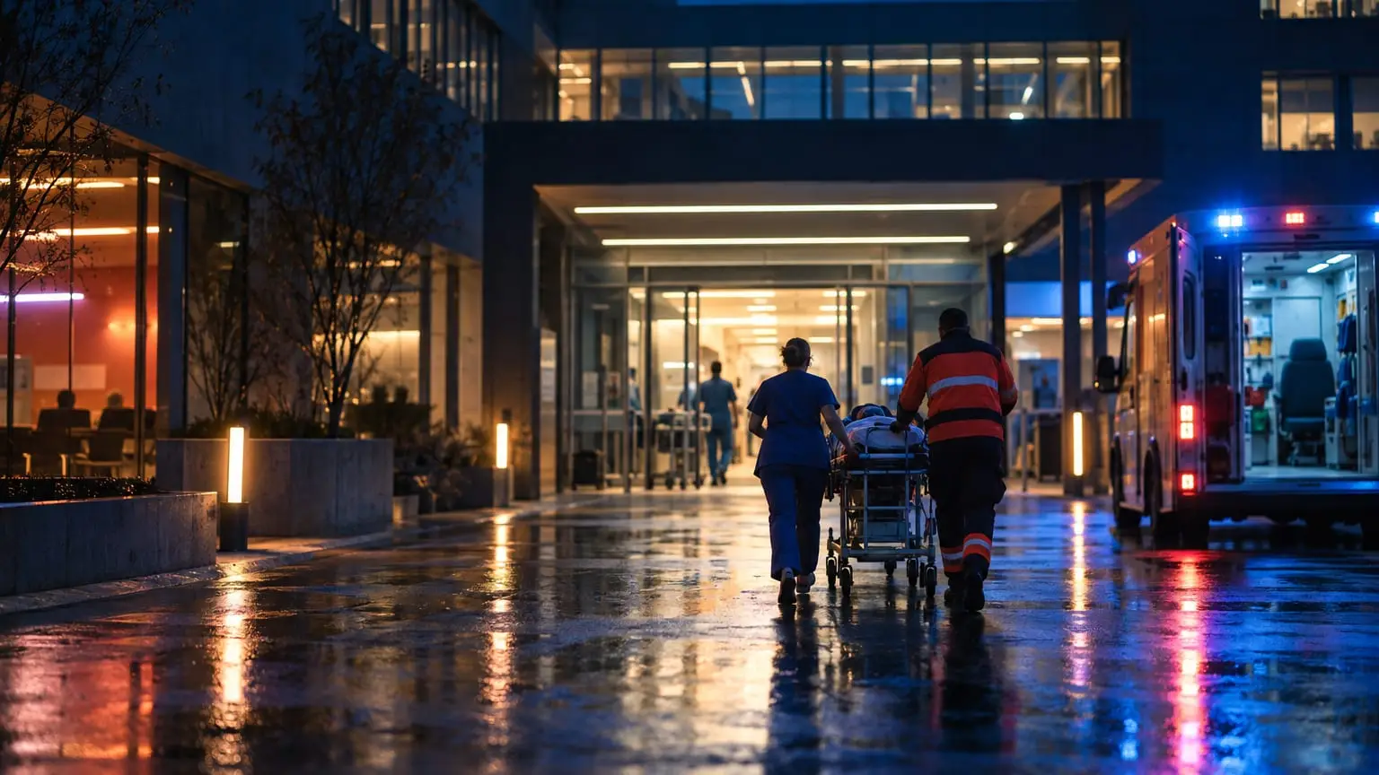 Die Liegendanfahrt eines modernen Krankenhauses bei Nacht, blaues und gelbes Licht spiegelt sich auf dem nassen Boden, eine Triage-Pflegekraft von hinten gesehen geht neben einem Sanitäter und einer fahrbaren Trage auf den hell erleuchteten offenen Eingang zu