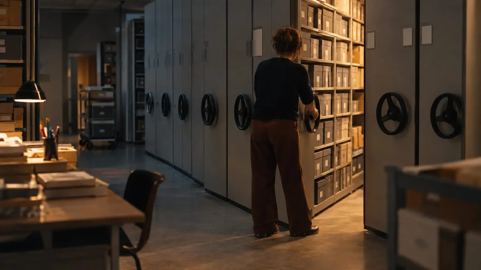 Ein großes modernes Archiv mit Rollregalen, Reihen grauer Archivkartons, eine Archivarin von hinten gesehen dreht mit beiden Händen das große Rad am Ende einer Regaleinheit, um genau einen Gang zu öffnen, warmes Licht fällt in den Spalt