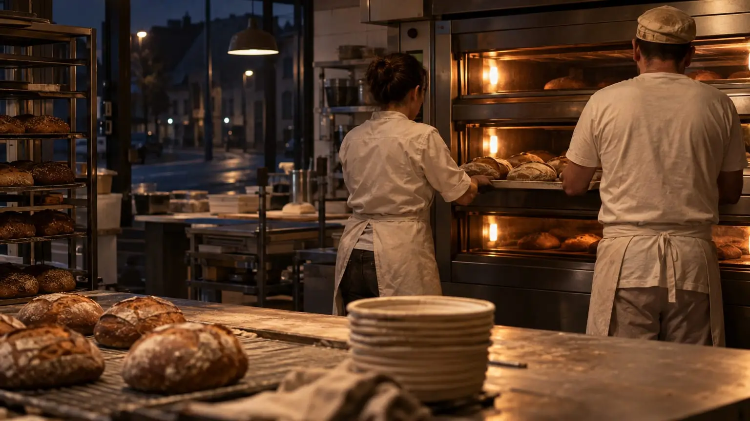 Vor Sonnenaufgang in einer kleinen modernen Quartiersbäckerei, zwei Bäcker von hinten gesehen schieben Bleche mit Broten in einen Etagenofen, draußen vor dem Schaufenster ist die Straße noch dunkel