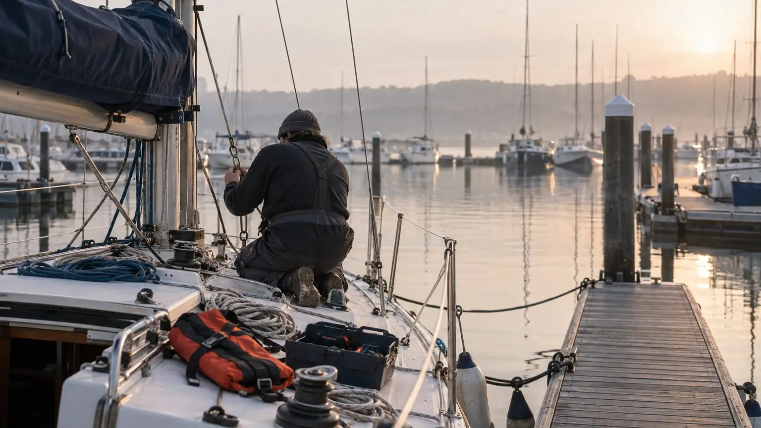A small sailing yacht tied up at a quiet marina pontoon in the early morning, a sailor seen from behind kneeling on the deck checking a fitting on the rigging, coiled ropes, a lifejacket and a toolbox laid out beside them