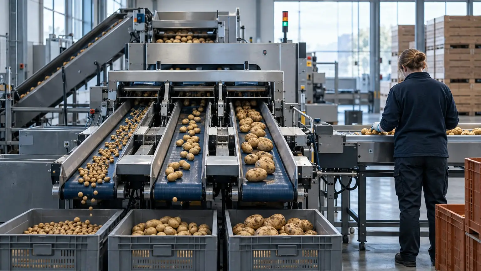 A small modern vegetable packing hall, an automatic sorting machine grading potatoes by size onto separate belts, a worker seen from behind standing at the end of the line checking a few potatoes by hand