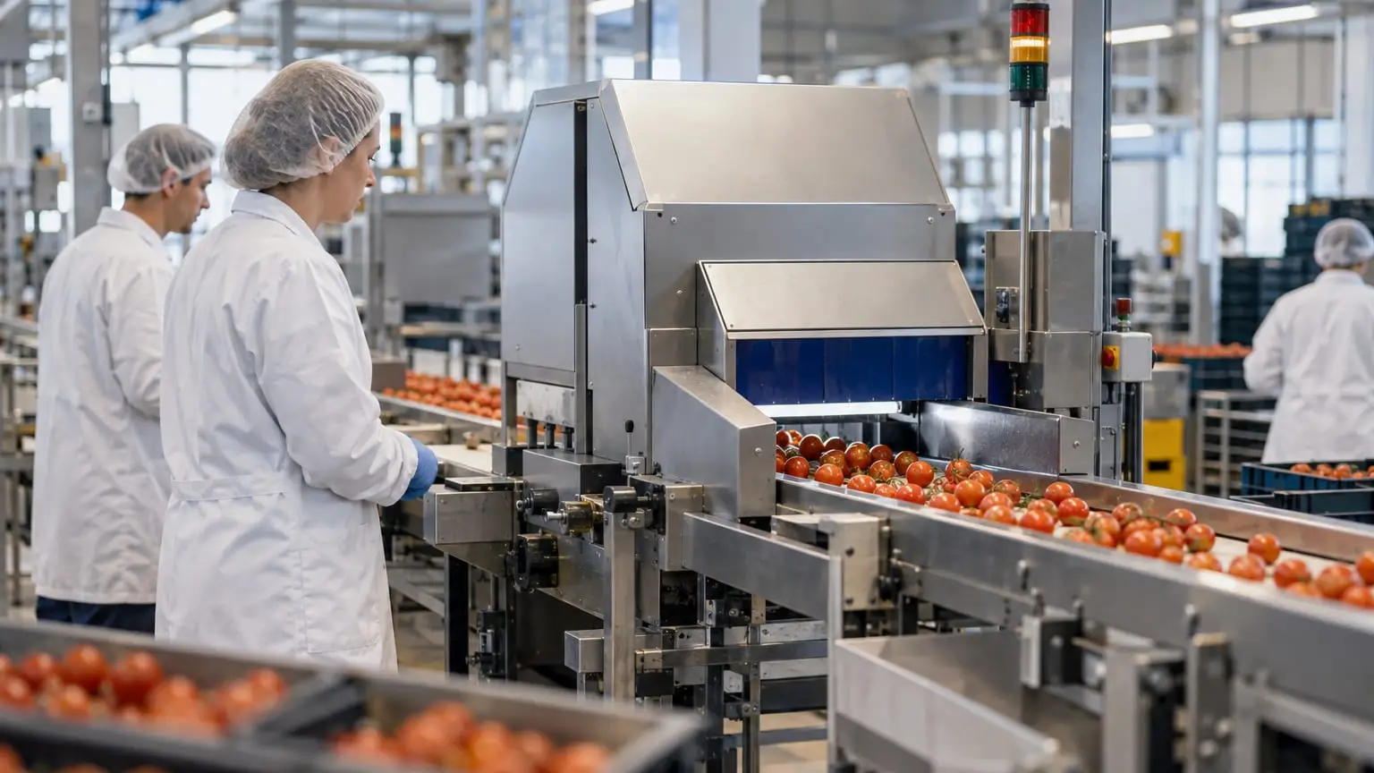 A bright contemporary food production line, workers in white coats seen in profile watching a new compact sorting machine fitted into the middle of the existing conveyor