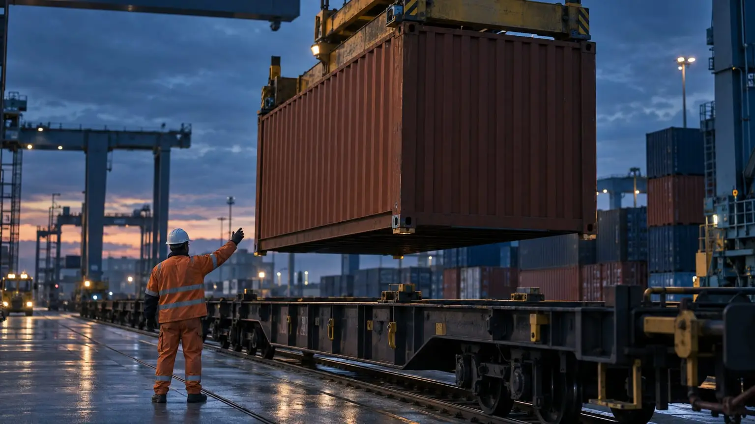 A modern rail freight terminal at dusk, a standard shipping container being lowered by a crane onto a waiting flatbed rail wagon, the twist locks lined up exactly with its corners, a terminal worker seen from behind signalling to the crane