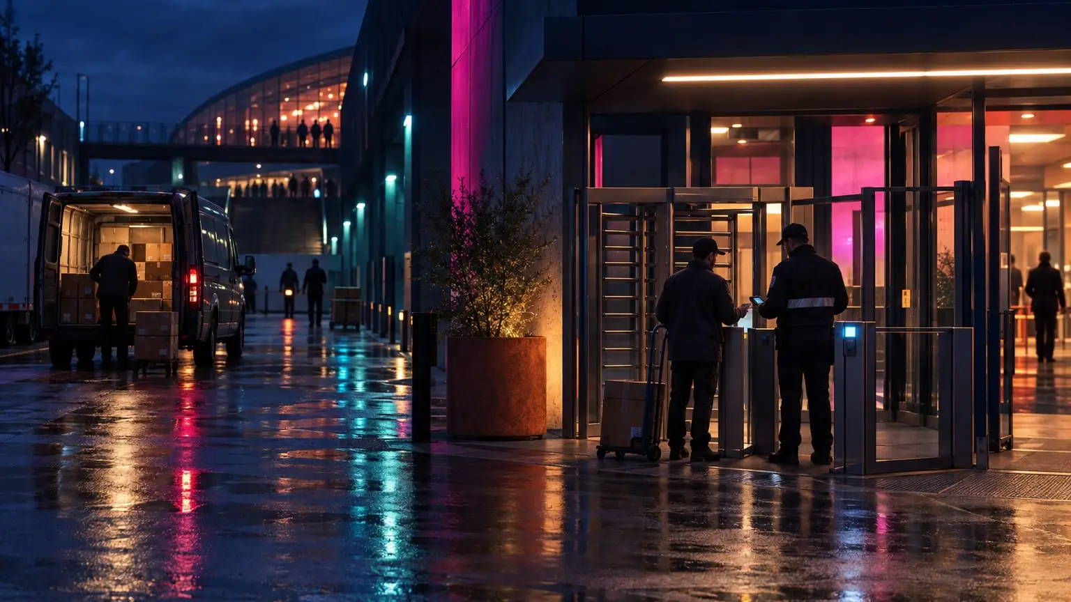 The staff entrance of a large venue at night, a security guard seen from behind checking a delivery driver's pass card with a handheld reader at a turnstile, wet pavement reflecting the coloured lights of the entrance