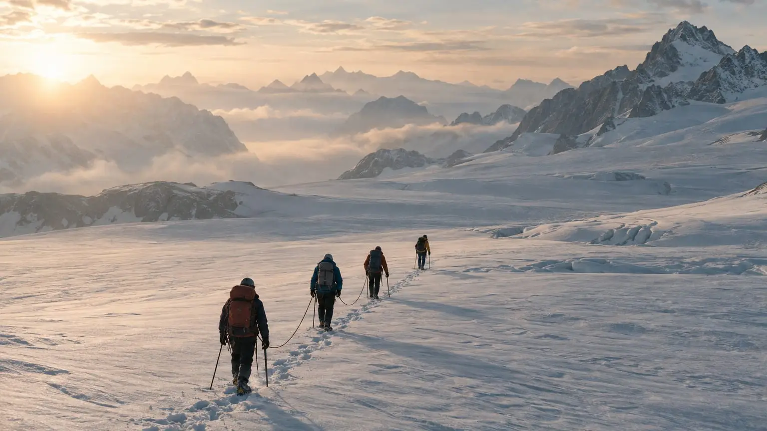 Eine Seilschaft aus vier Bergsteigern, die hintereinander am selben Seil über einen weiten Gletscher steigt, von hinten und aus der Ferne gesehen, ihre Spur im Schnee hinter ihnen