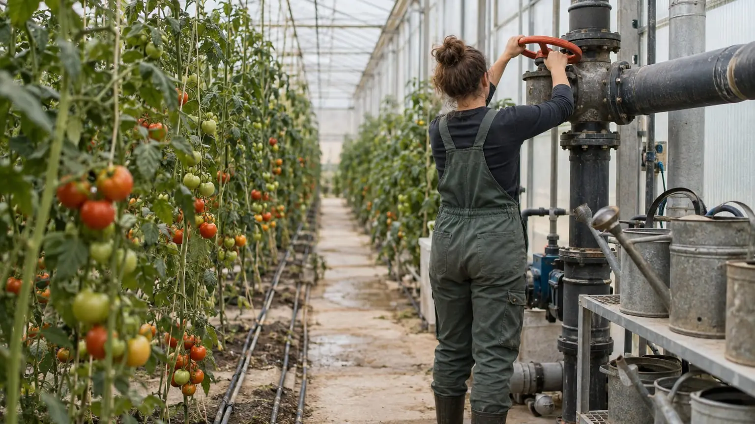Ein helles Gewächshaus mit langen Reihen Tomatenpflanzen, dünne Tropfschläuche laufen an jeder Reihe entlang, eine Gärtnerin von hinten gesehen öffnet mit beiden Händen ein großes Ventil am Hauptrohr, alte Gießkannen stehen unbenutzt auf einem Regal daneben