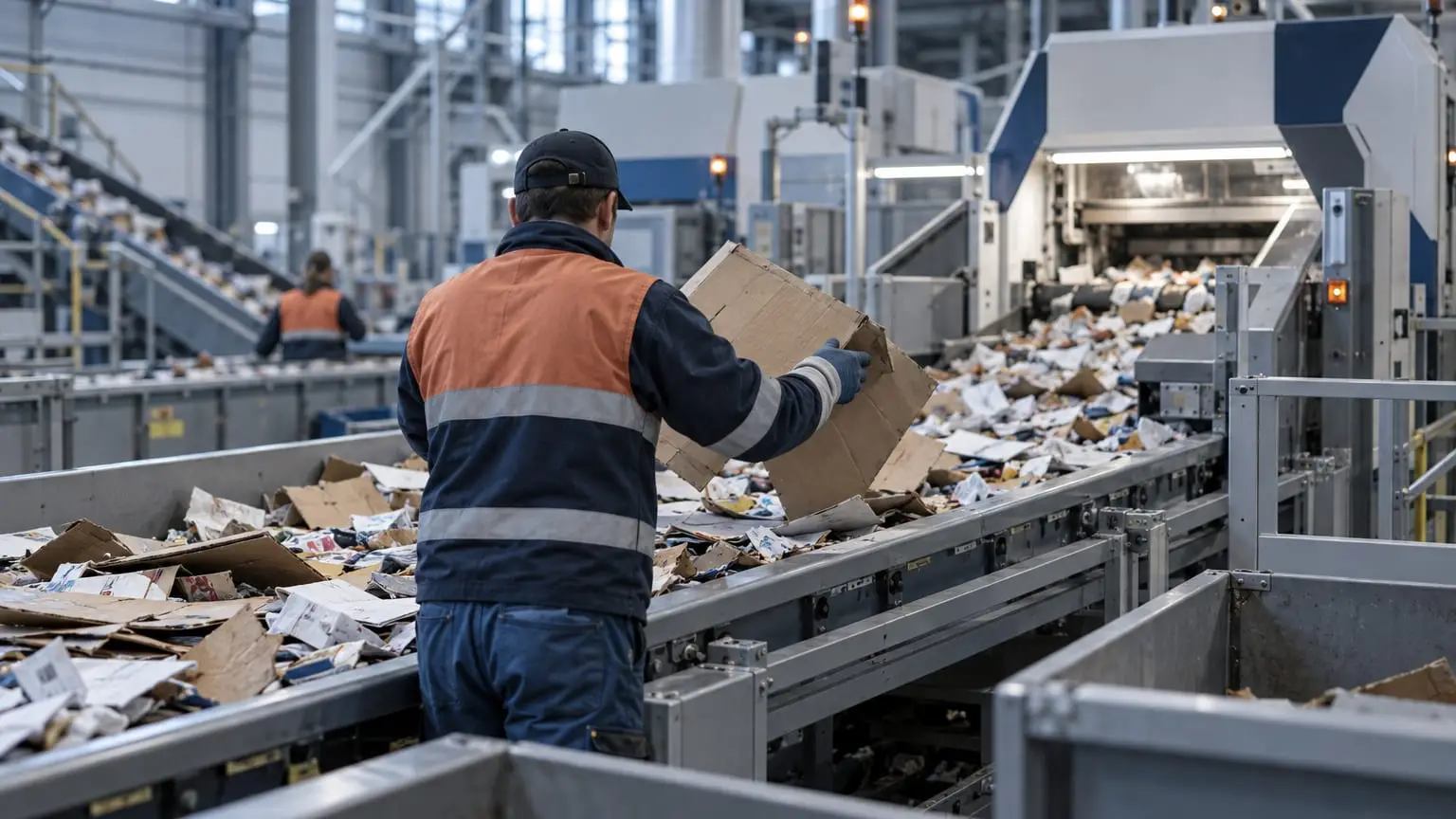 Eine moderne Sortierhalle für Recycling, ein breites Förderband trägt einen gleichmäßigen Strom aus Papier und Karton durch optische Sortiermaschinen, ein Mitarbeiter mit Handschuhen von hinten gesehen hebt mit beiden Händen ein einzelnes großes Stück Karton vom Band
