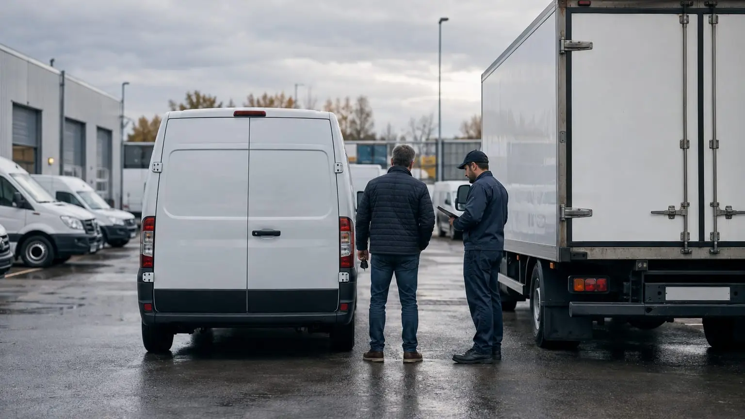 A van rental yard on an overcast morning, a small business owner seen from behind standing between a white van and a larger box truck with keys in one hand, a rental attendant beside him checking a tablet