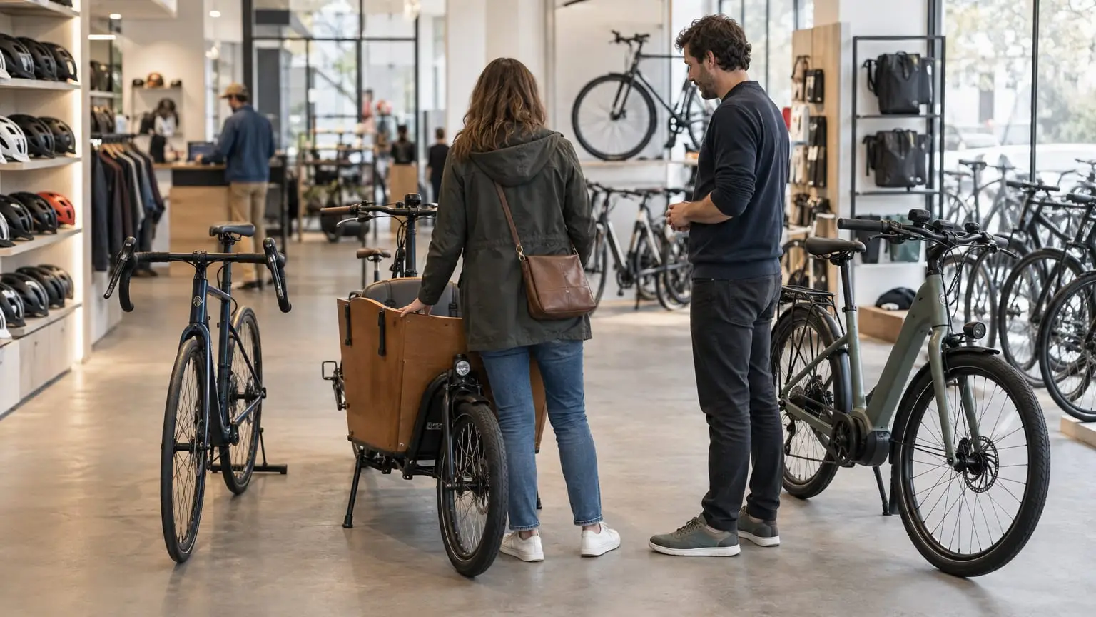 Ein heller moderner Fahrradladen, drei sehr unterschiedliche Räder stehen nebeneinander mitten im Raum, ein Rennrad, ein langes Lastenrad und ein robustes Stadt-E-Bike, eine Kundin von hinten gesehen legt eine Hand auf die Holzkiste des Lastenrads, ein Verkäufer wartet im Profil daneben
