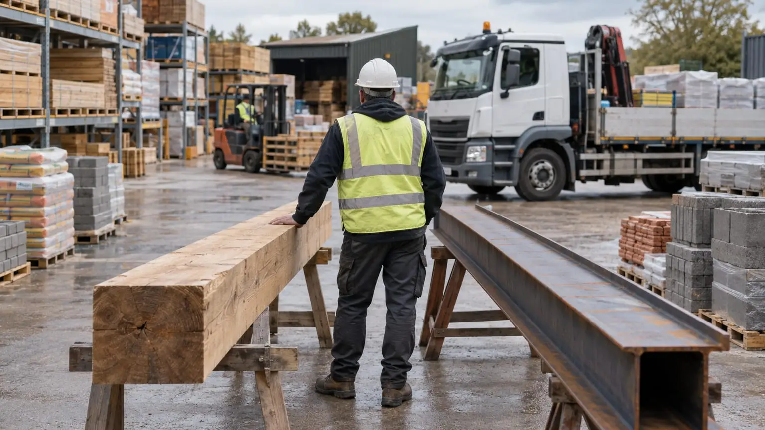 A builders' merchant yard, a site foreman seen from behind standing between a solid timber beam and a steel beam laid side by side on trestles, resting one hand on the timber while a delivery truck waits in the background