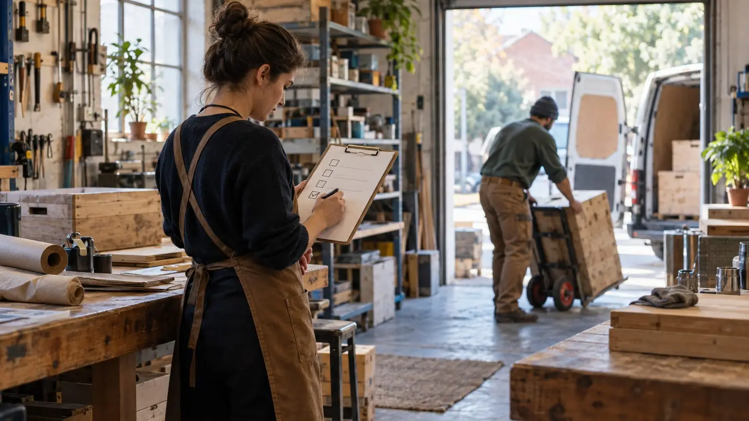 Inside a busy small workshop, a person in an apron ticks the last box on a short clipboard checklist while a colleague in the background lifts a packed wooden crate onto a hand cart by the open roller door