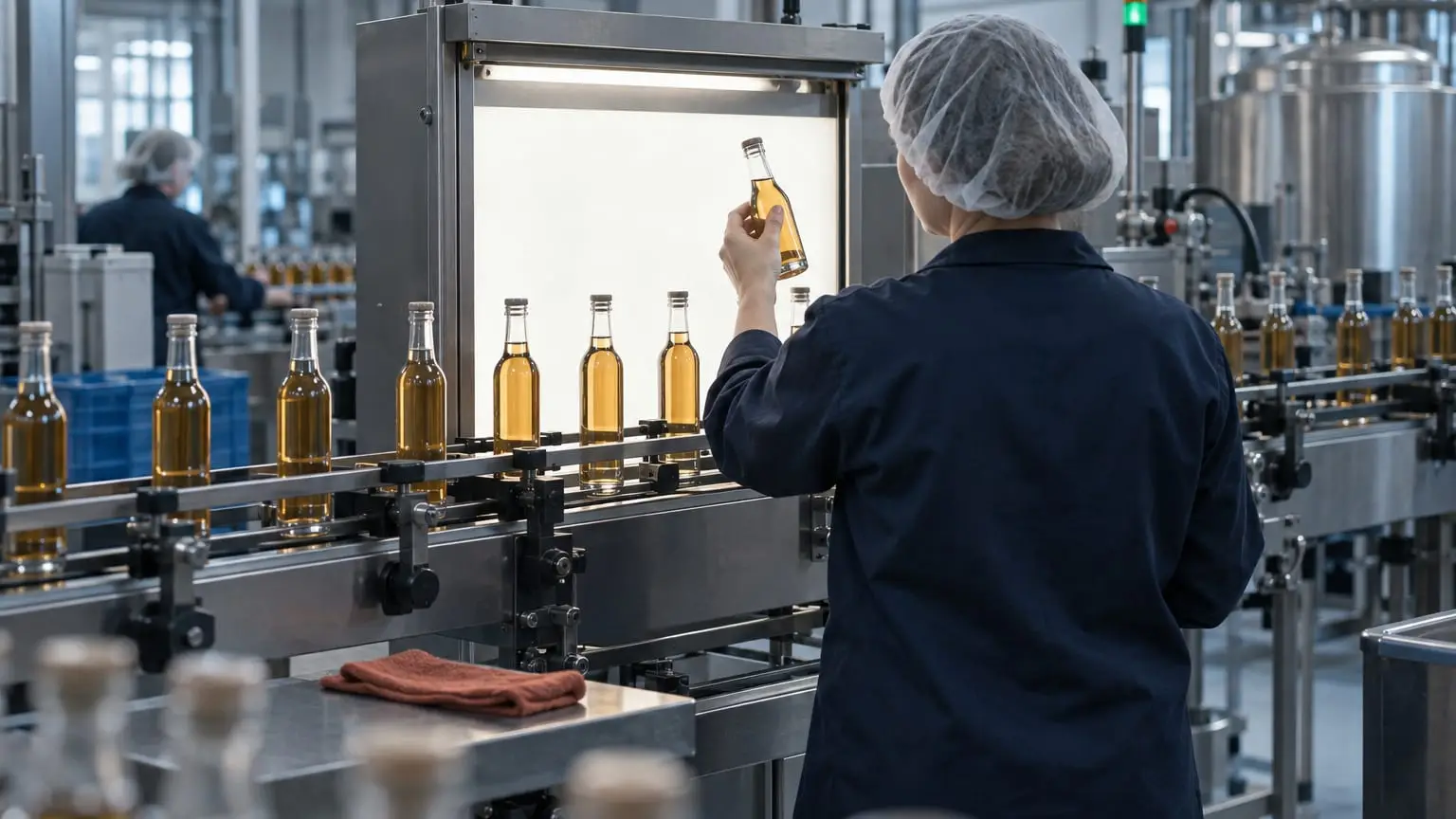 A small modern bottling line, filled glass bottles moving in a steady row along a conveyor through an inspection station with a bright light panel behind it, an operator in a hairnet seen from behind holding one bottle up against the light panel to inspect it