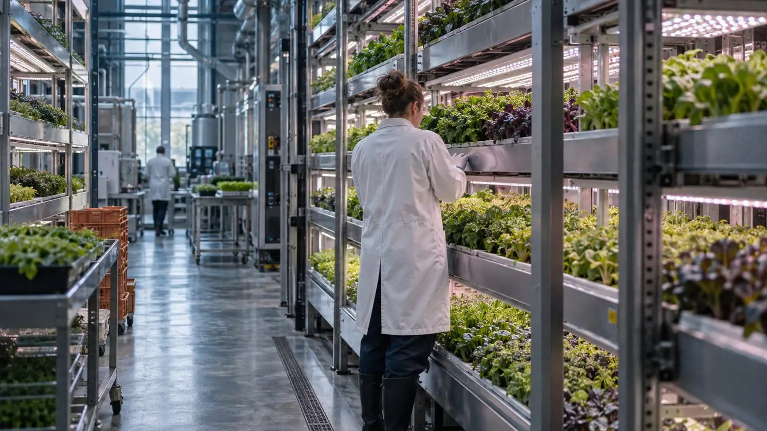 A modern vertical farm, tall steel racks of trays stretching into the distance, each tray growing a different leafy plant under pink-white LED light, a grower in a white coat seen from behind checking one tray at chest height