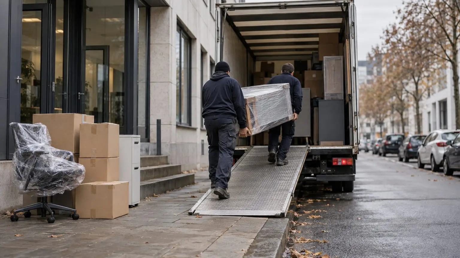 A small business moving out of an old office on an overcast morning, two movers seen from behind carrying a wrapped cabinet up the ramp into a removal van, stacked plain boxes and a covered office chair waiting on the pavement