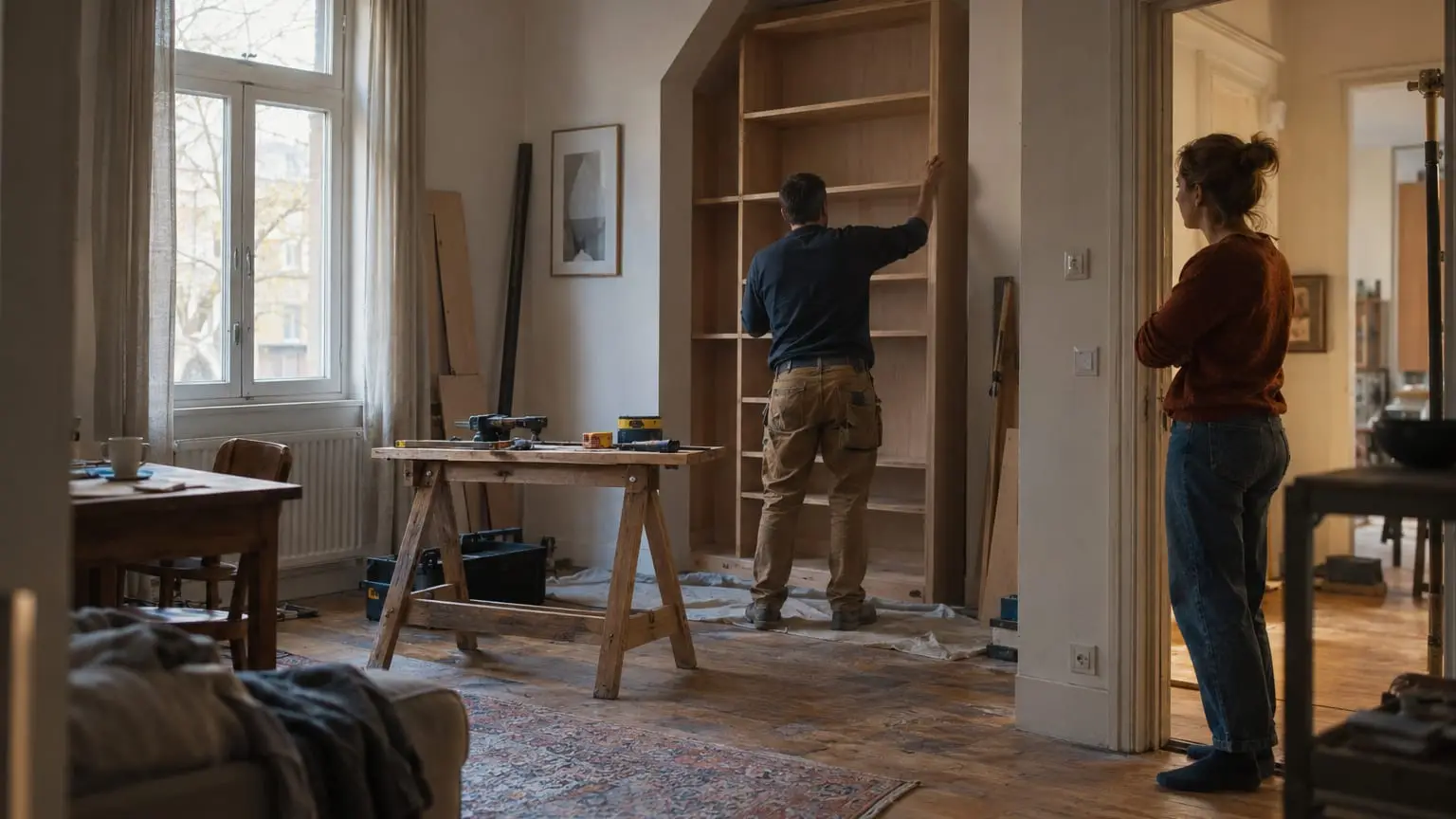 A small cabinet-maker's workshop, a joiner seen from behind fitting a custom-built wooden shelving unit into an awkward alcove of a client's old house, the client watching from the doorway with arms folded