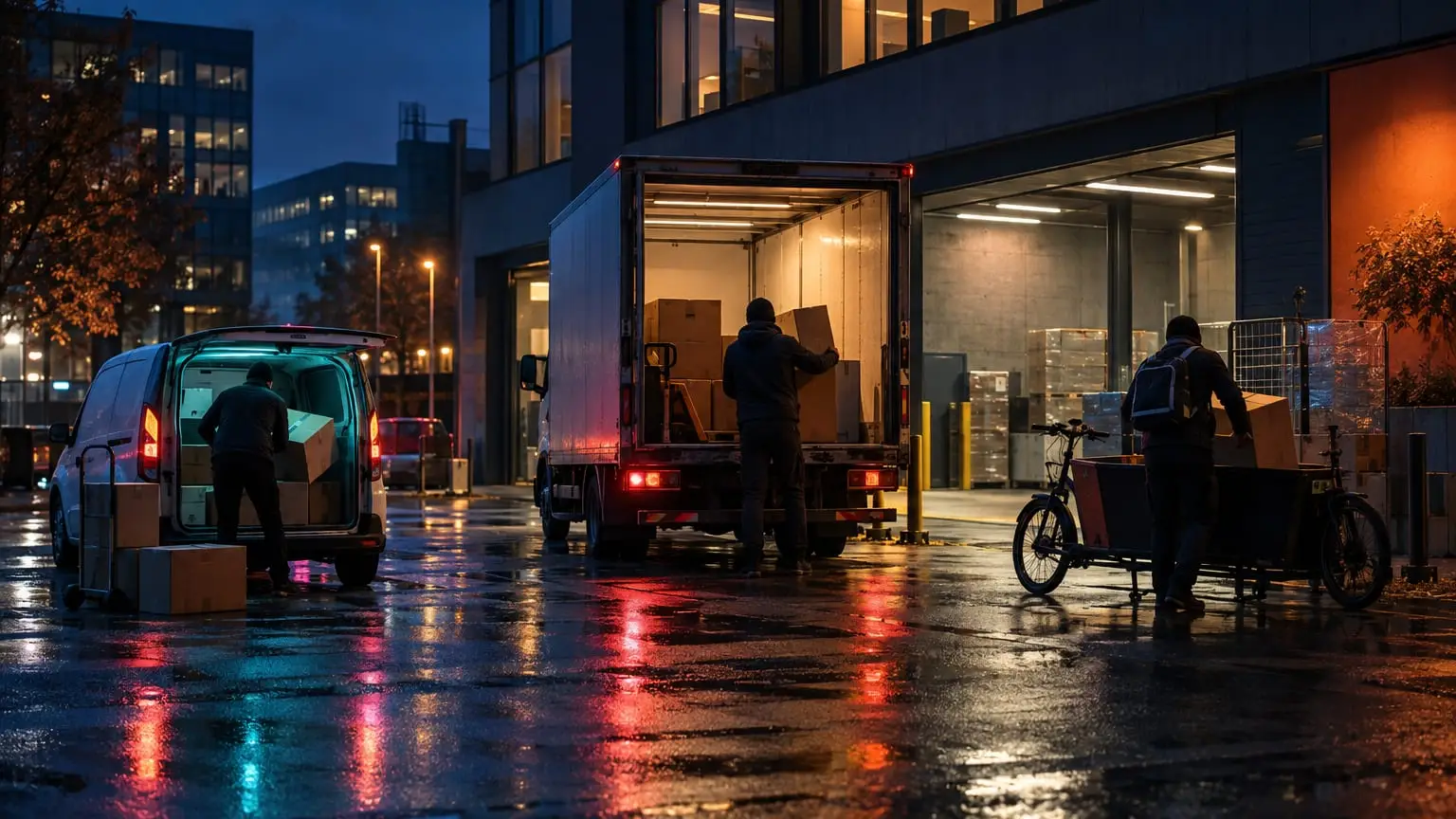 Ein moderner städtischer Ladehof bei Nacht, ein kleiner Elektrotransporter, ein Kofferlastwagen und ein Lastenrad werden nebeneinander beladen, Kuriere von hinten gesehen heben große Pakete, farbiges Licht spiegelt sich auf dem nassen Boden