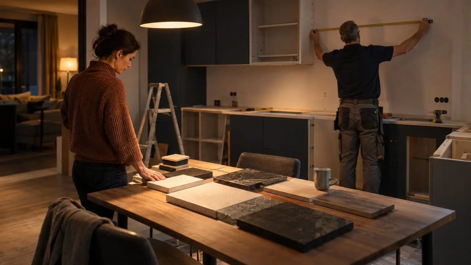 A kitchen fitter's showroom with a half-built sample kitchen, the fitter seen from behind measuring a wall with a tape measure while a client in profile looks at worktop samples laid out on a table beside them