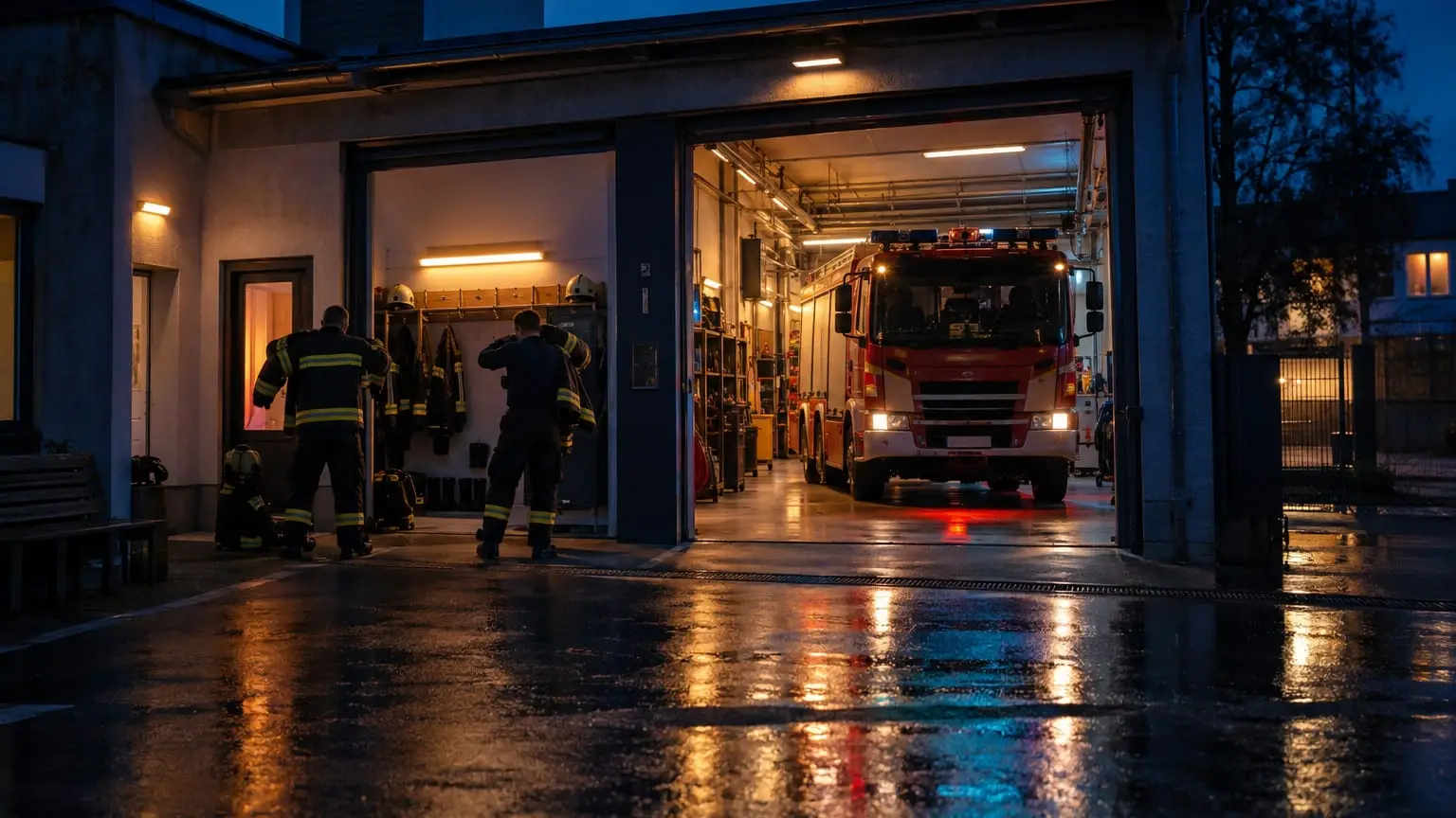 A small volunteer fire station at night, the big door open and the engine lit up inside, two firefighters seen from behind pulling on their jackets at the gear hooks in the next bay, wet forecourt reflecting the lights