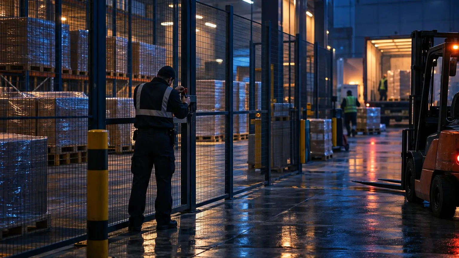 Ein modernes Zolllager in der Abenddämmerung, Reihen versiegelter Paletten hinter einem hohen Stahlgitterzaun in der Halle, ein Zollbeamter von hinten gesehen bringt eine Plombe am Gittertor an, während draußen ein Gabelstapler wartet