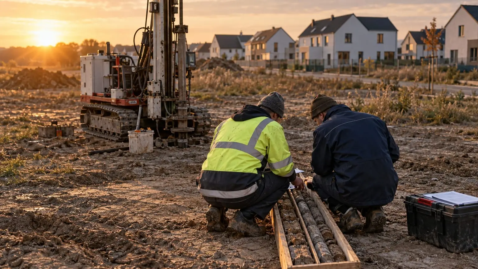 Ein leeres Baugrundstück am Rand einer Stadt, ein kleines Bohrgerät hat eine Bodenprobe gezogen, zwei Ingenieure in Arbeitsjacken von hinten gesehen beugen sich über einen langen Bohrkern, der in einer Holzkiste auf dem Boden liegt, neue Häuser im Hintergrund