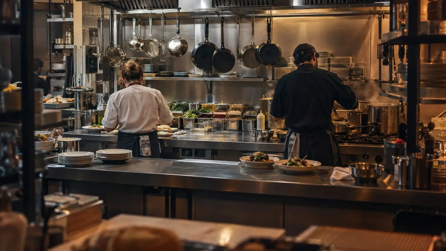 A small busy restaurant kitchen during service, two cooks seen from behind working side by side at a clean steel pass, every tool hanging in its place and prepared ingredients lined up in plain steel containers