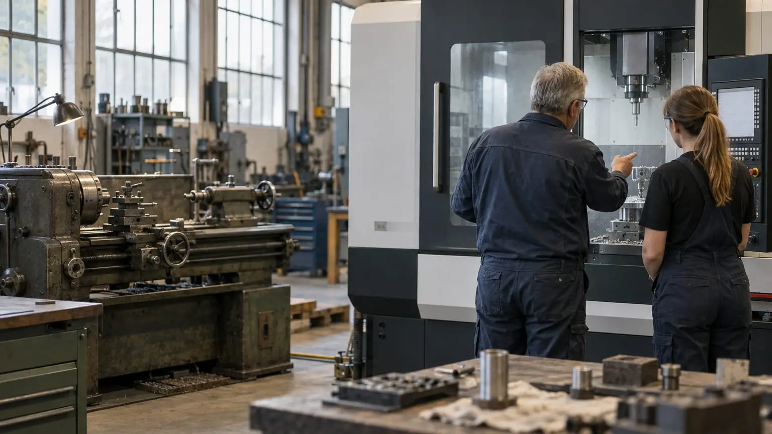 Eine traditionsreiche Werkhalle eines mittelständischen Maschinenbauers, eine alte gusseiserne Drehbank steht gepflegt vor einer neuen CNC-Fräsmaschine, ein erfahrener Meister von hinten gesehen erklärt einer jungen Kollegin die neue Maschine