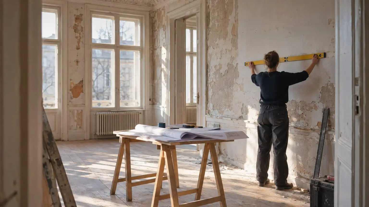 Ein heller leerer Raum in einem älteren Stadthaus vor der Sanierung, abblätternder Putz und Stuck, eine Architektin von hinten gesehen drückt mit beiden Händen eine lange Wasserwaage flach an die Wand, Pläne liegen auf einem Bock daneben, Morgenlicht durch hohe Fenster