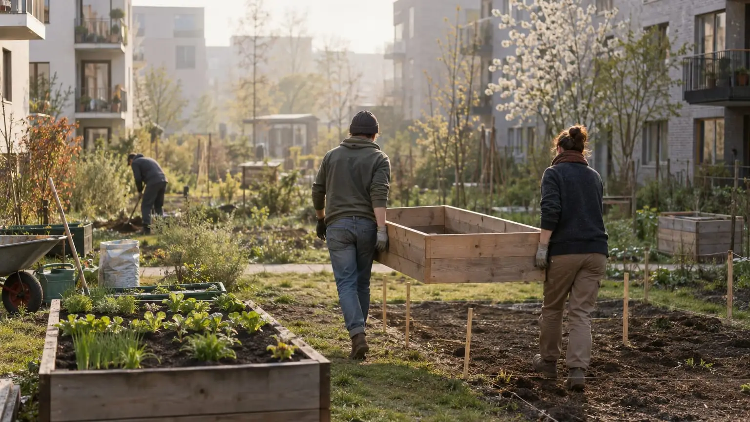 Ein moderner Gemeinschaftsgarten zwischen Stadthäusern im Frühjahr, ein frisch angelegtes Hochbeet neben noch unbearbeiteten Flächen, zwei Gärtner von hinten gesehen tragen gemeinsam einen großen Holzrahmen für das nächste Beet zu seinem Platz