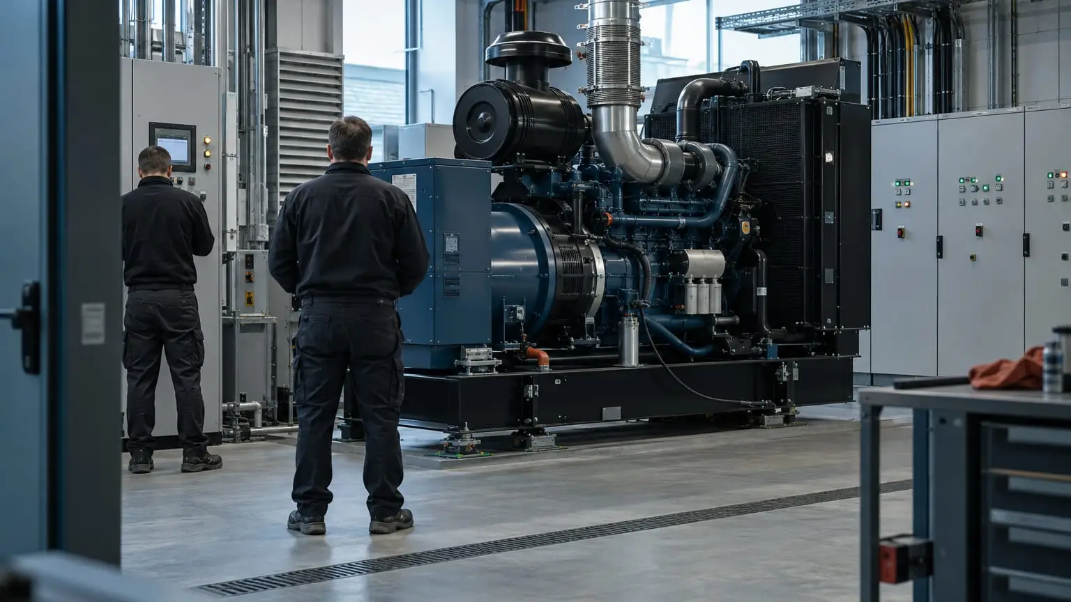 Ein sauberer moderner Technikraum mit einem großen Notstromaggregat, das bei einem geplanten Test läuft, zwei Techniker in dunkler Arbeitskleidung von hinten gesehen beobachten es, Kabeltrassen und Schaltschränke mit kleinen Status-LEDs