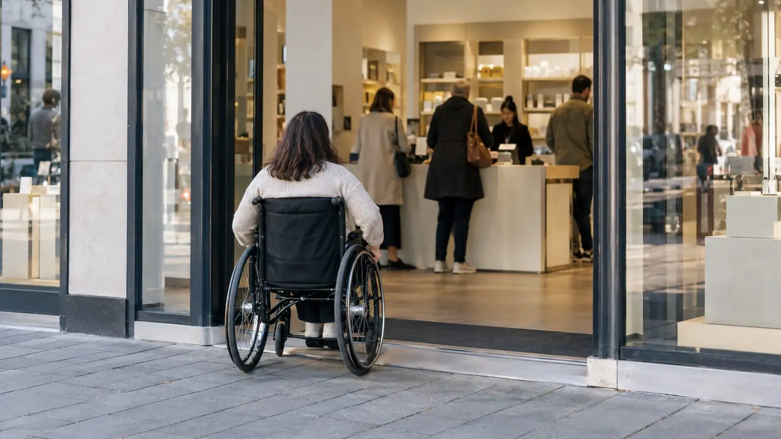 Der ebenerdige Eingang eines modernen Ladens in einer Einkaufsstraße, eine Frau im Rollstuhl rollt mühelos über die Schwelle hinein, im hellen Laden dahinter warten Kundinnen und Kunden an einer Theke