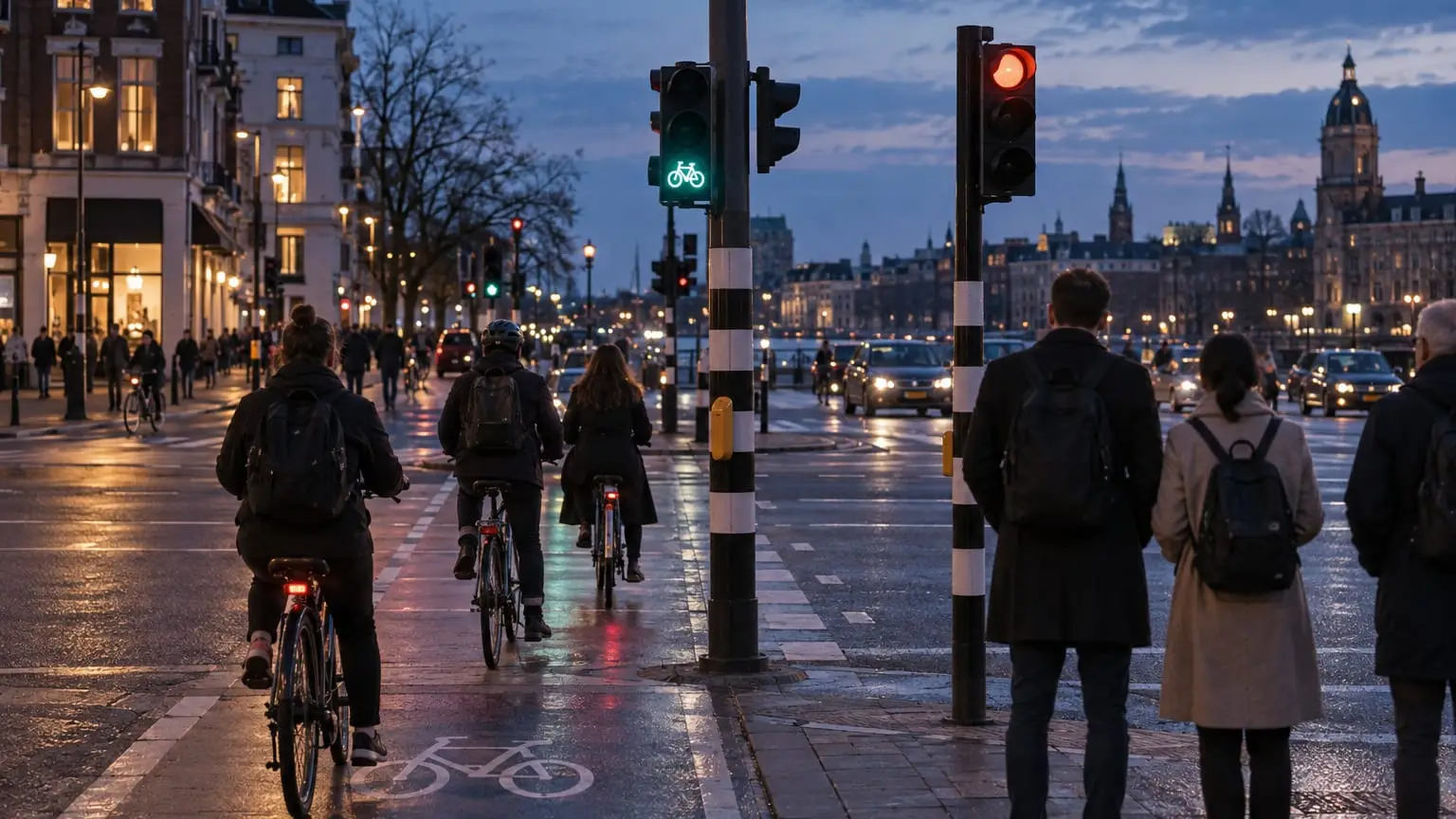 Radfahrer fahren an einer europäischen Kreuzung in der Abenddämmerung bei grünem Fahrradsignal los, während Fußgänger an der roten Ampel der Hauptstraße warten
