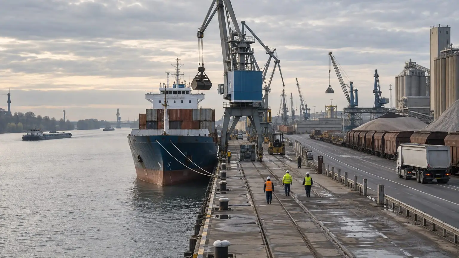 Ein weiter Blick über einen modernen europäischen Flusshafen an einem bewölkten Morgen, Kräne, Gleise und eine Straße laufen an einem Kai zusammen, einige Arbeiter in Warnwesten gehen ihn entlang