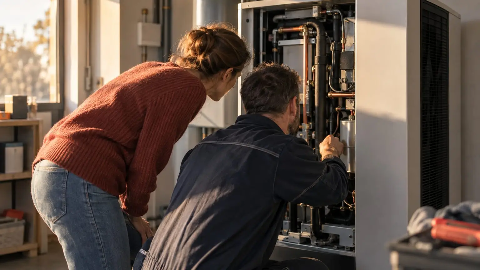 Eine moderne Wärmepumpe in einem hellen Hauswirtschaftsraum mit geöffneter Frontabdeckung, die Hausbesitzerin und ein Servicetechniker beugen sich nebeneinander vor, um hineinzusehen