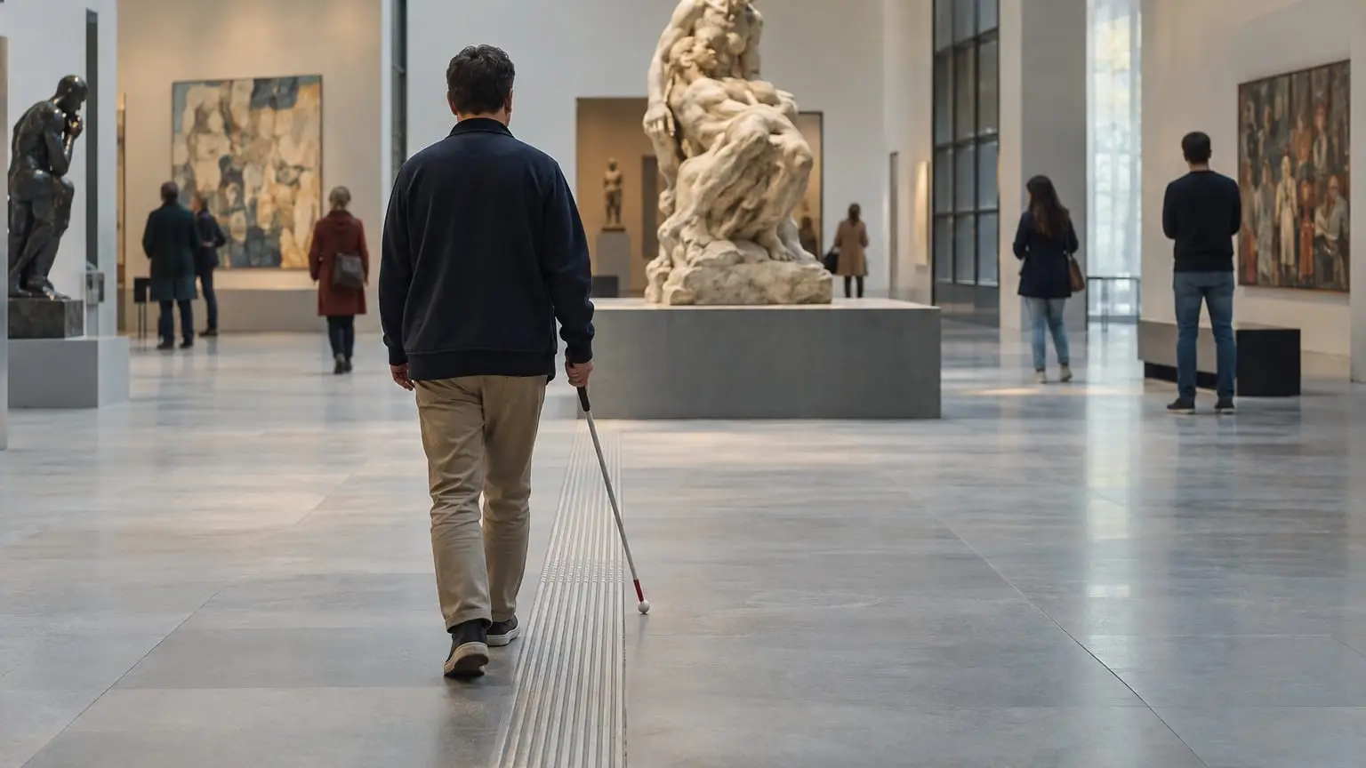 A bright contemporary museum hall, a visitor with a white cane seen from behind following a raised tactile guide strip across the stone floor towards a large sculpture, other visitors walking at a distance