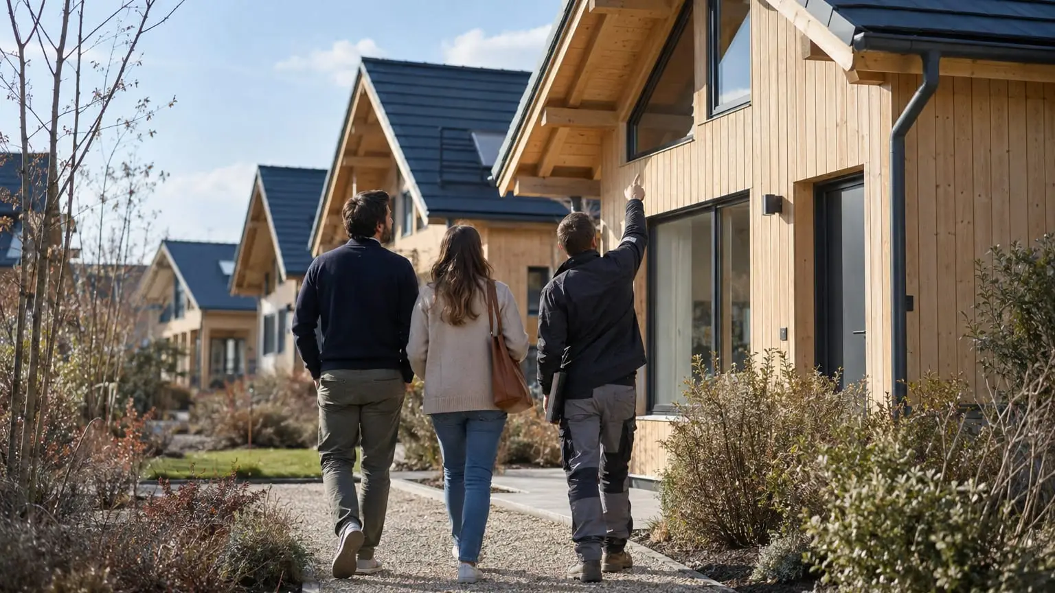 Eine ruhige Straße mit kürzlich fertiggestellten Holzhäusern, ein Paar von hinten gesehen geht mit einem Bauunternehmer einen Gartenweg hinauf, der Bauunternehmer zeigt auf die Dachkonstruktion eines fertigen Hauses