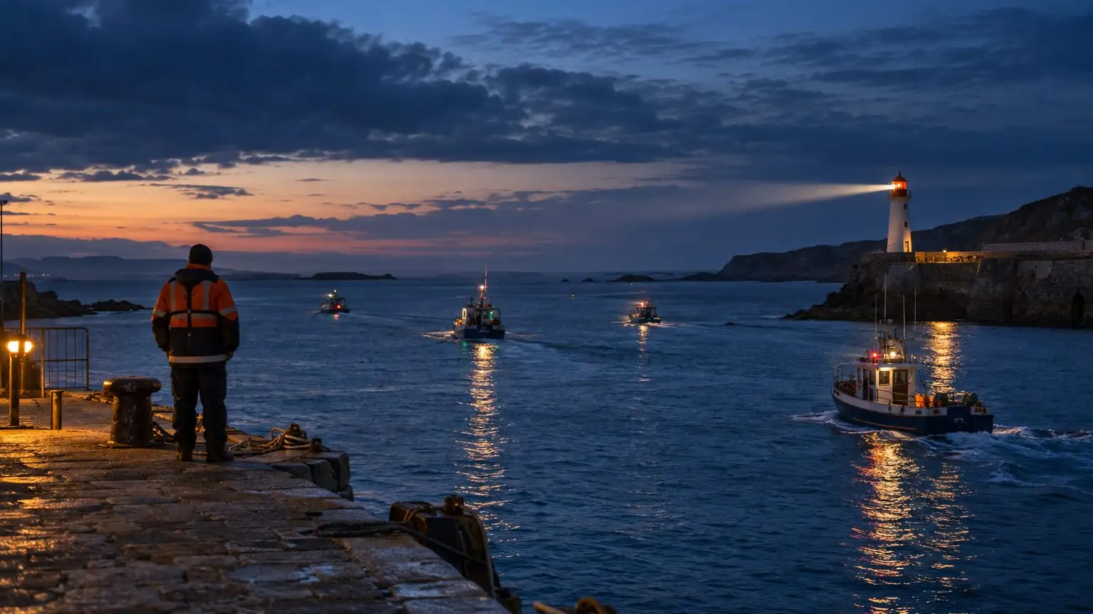 A small harbour at blue hour, the beam of a lighthouse sweeping across the water, several small fishing boats spread across the water with their lights on, a harbour master seen from behind on the stone jetty watching them