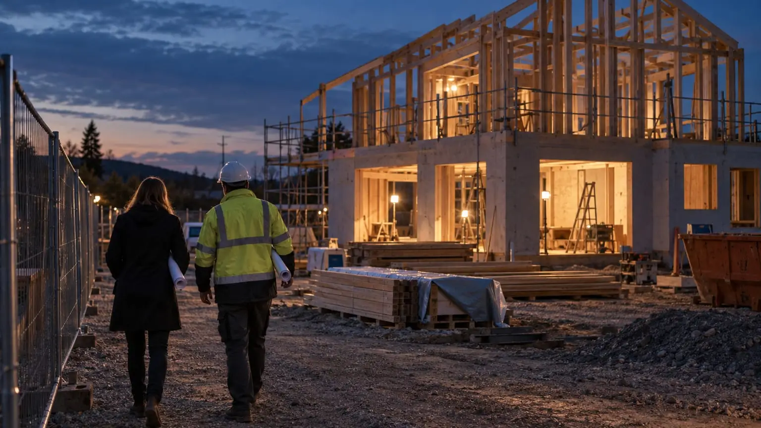 A timber-frame house under construction at dusk with its frame standing and work lights on inside, the client and the site manager both seen from behind walking along the site fence towards it, each carrying rolled plans