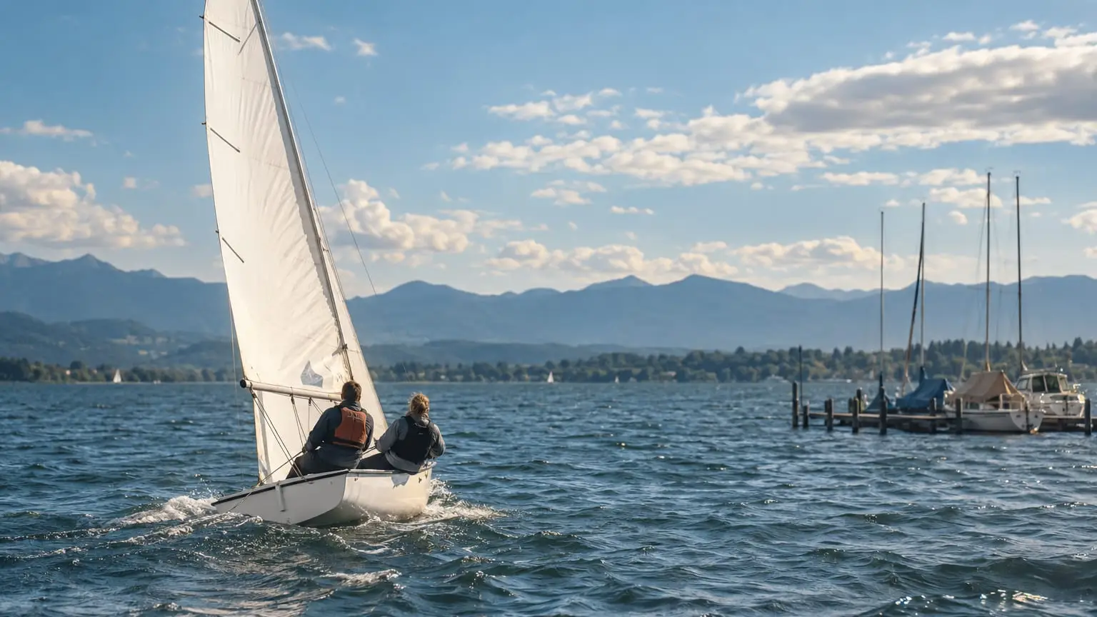 Eine kleine Jolle mit vollem Segel auf einem weiten See, zwei Segler von hinten gesehen lehnen sich in den Wind, andere Boote liegen mit eingeholten Segeln am Steg im Hintergrund