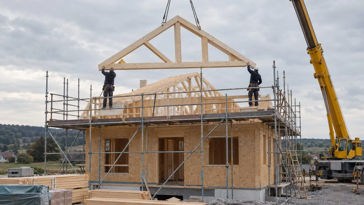 Ein kleiner Zimmereibetrieb richtet an einem bewölkten Tag einen Dachstuhl auf einem neuen Holzhaus auf, ein Mietkran hebt einen großen Dachbinder an seinen Platz, zwei Zimmerleute von hinten gesehen führen ihn mit beiden Händen vom Gerüst aus