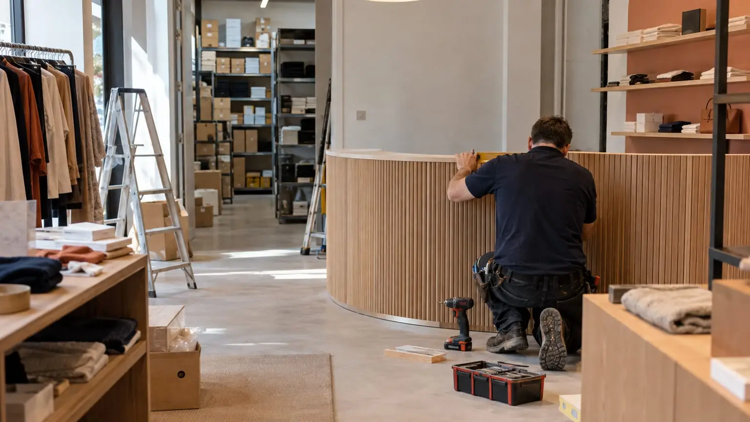 A small boutique being refitted, the stock room behind it already full and ordered, a shopfitter seen from behind fitting a new curved wooden display counter in the front of the shop
