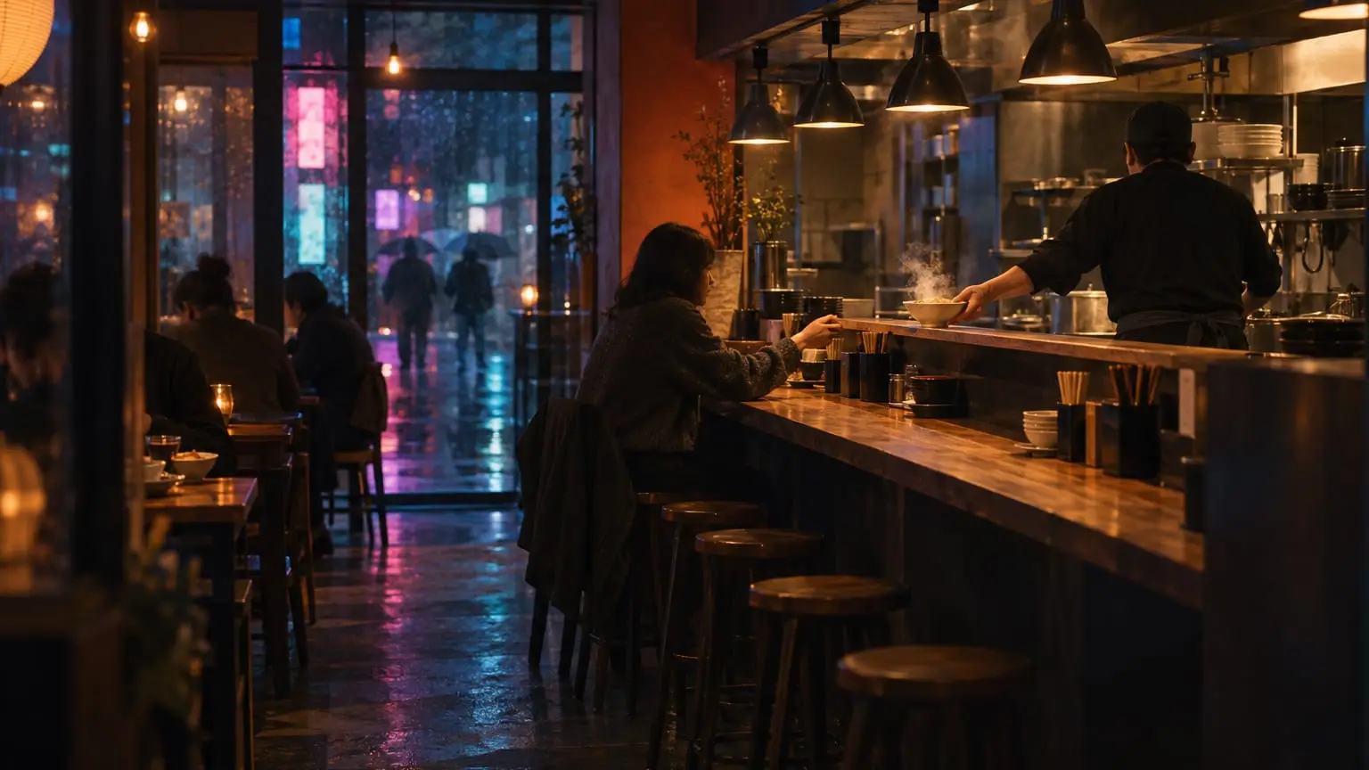 A small late-night noodle bar with an open kitchen behind a long wooden counter, the cook seen from behind setting a finished steaming bowl on the counter while a guest at the bar reaches towards it, rain and blurred coloured lights outside the window