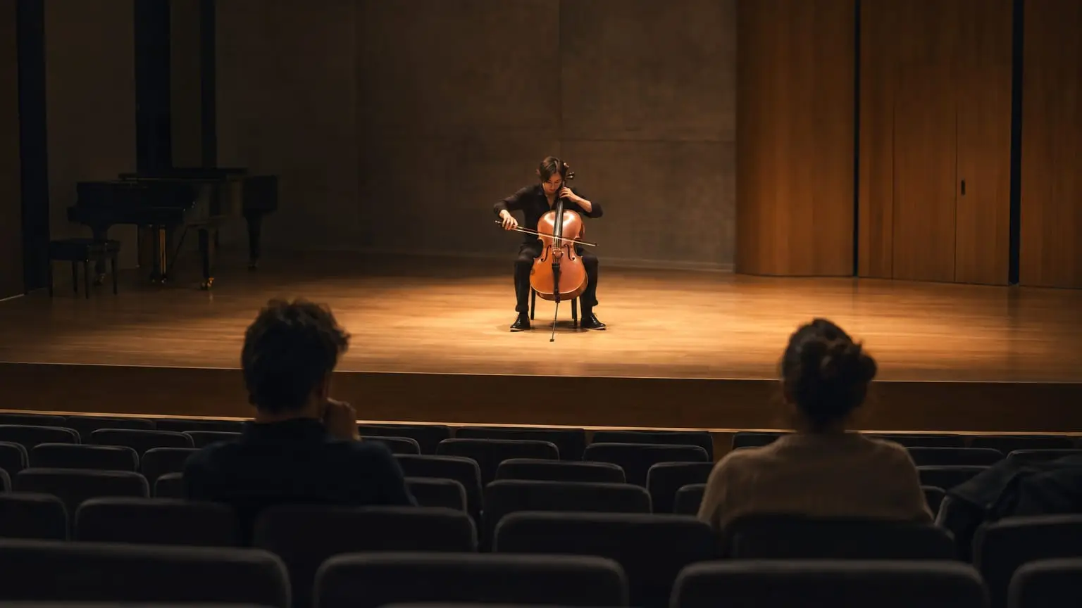 An audition in a contemporary rehearsal hall, a cellist playing alone on a bare stage in a pool of warm light, seen from the back of the hall past two people sitting in the empty rows and listening closely
