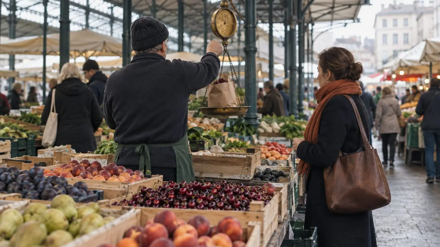 A covered weekly market on an overcast morning, a stallholder seen from behind holding up an old brass hanging scale with a paper bag of cherries for a customer in profile, crates of fruit in rows on the stall