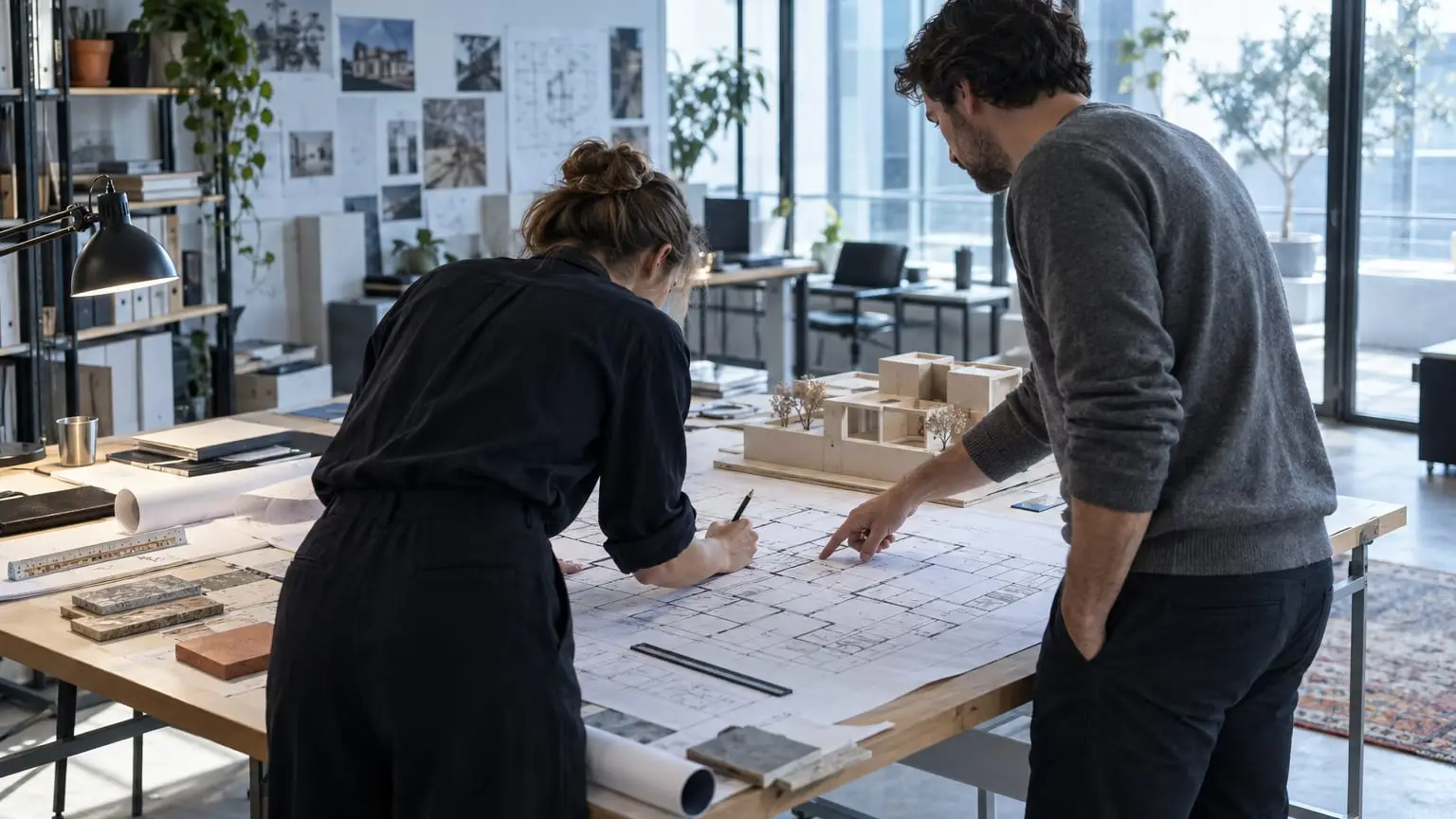 A bright architecture studio, an architect seen from behind leaning over a large paper floor plan on a drafting table and marking it with a pencil, a client beside her pointing at one room on the plan, a simple cardboard model on the table