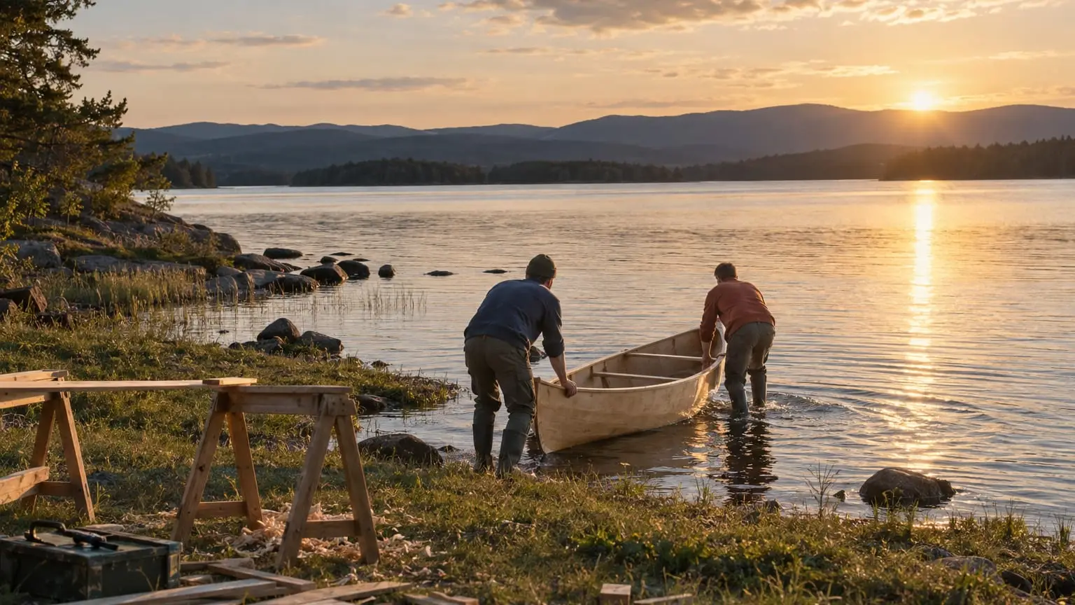 A quiet lake shore, two builders seen from behind pushing a simple newly built plywood canoe into the water for its first float, sawhorses and wood offcuts on the grass behind them