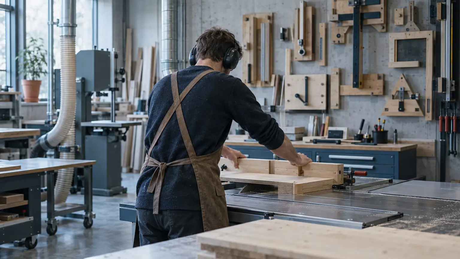 A modern joinery workshop, a carpenter seen from behind guiding a board through a simple shop-made wooden jig clamped to the saw table, several other home-built jigs hanging neatly on the wall behind