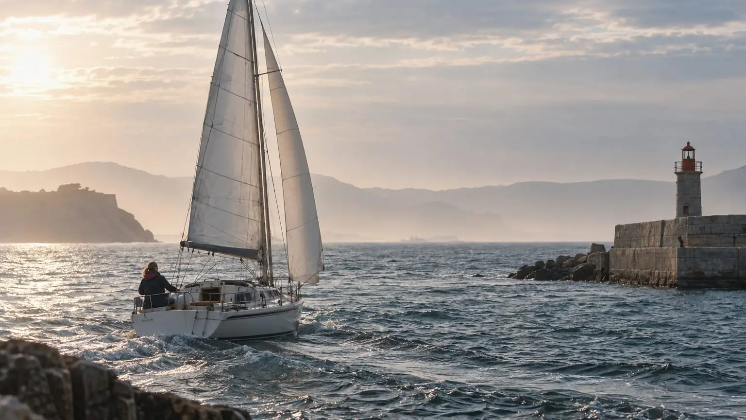 Ein kleines Segelboot läuft bei frischem Wind aus einem ruhigen Hafen aus, die Segel voll, eine Seglerin von hinten gesehen am Heck, daneben die Hafenmole mit einem kleinen Leuchtturm