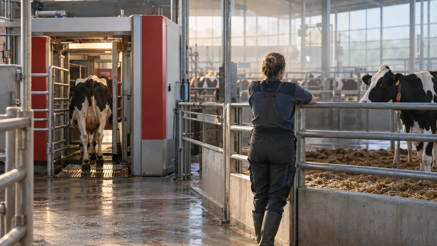 Ein heller moderner Milchviehstall mit einem Melkroboter, eine Kuh geht von selbst in die Roboterbox, eine Landwirtin in Arbeitskleidung von hinten gesehen lehnt am Gatter und betrachtet eine einzelne Kuh in der Nachbarbucht