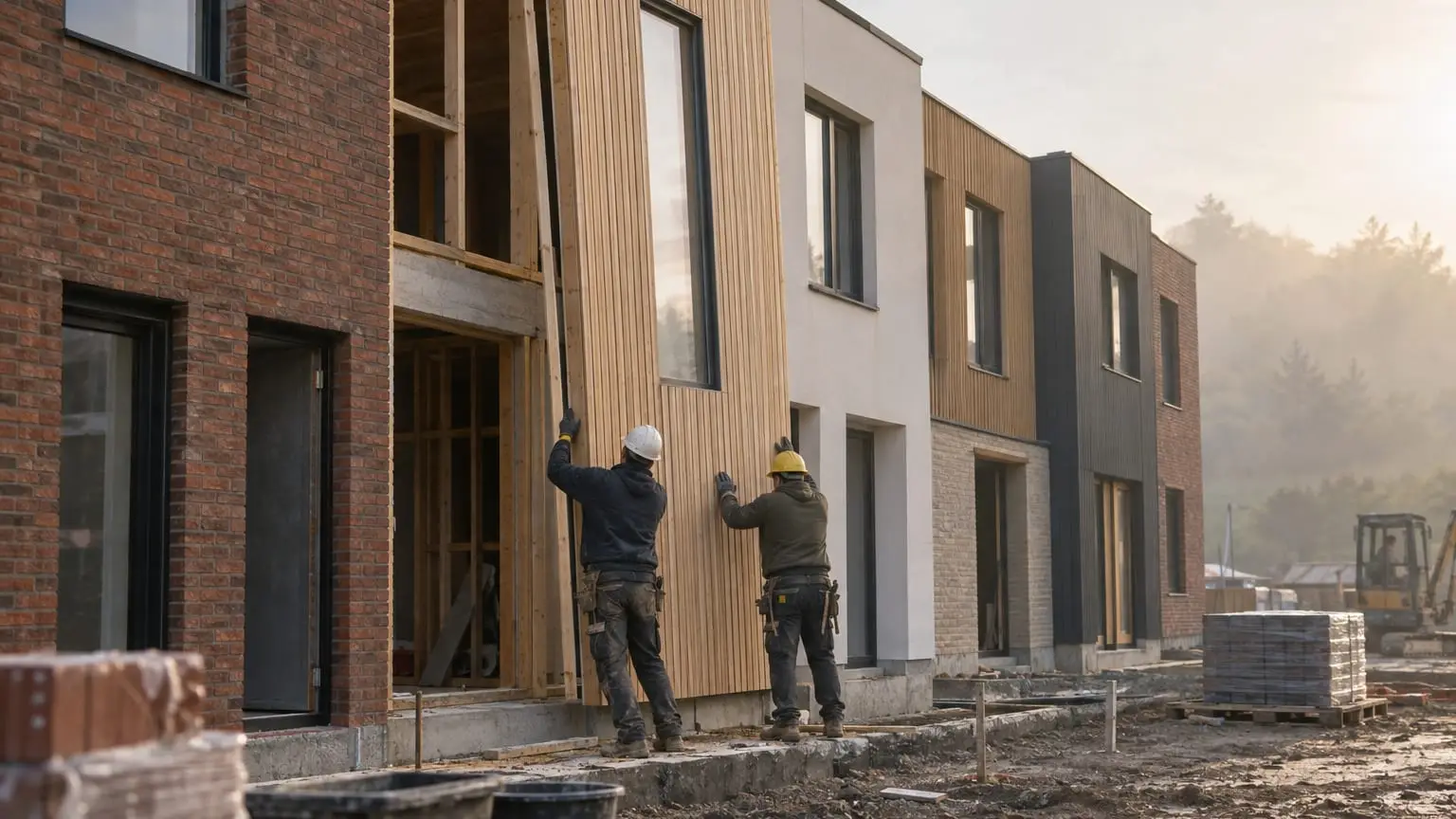 Eine Reihe neuer moderner Stadthäuser auf einem gemeinsamen Fundament, jede Fassade anders verkleidet mit Ziegel, Holz und Putz, zwei Bauarbeiter von hinten gesehen heben eine große Holzfassadenplatte an ihren Platz
