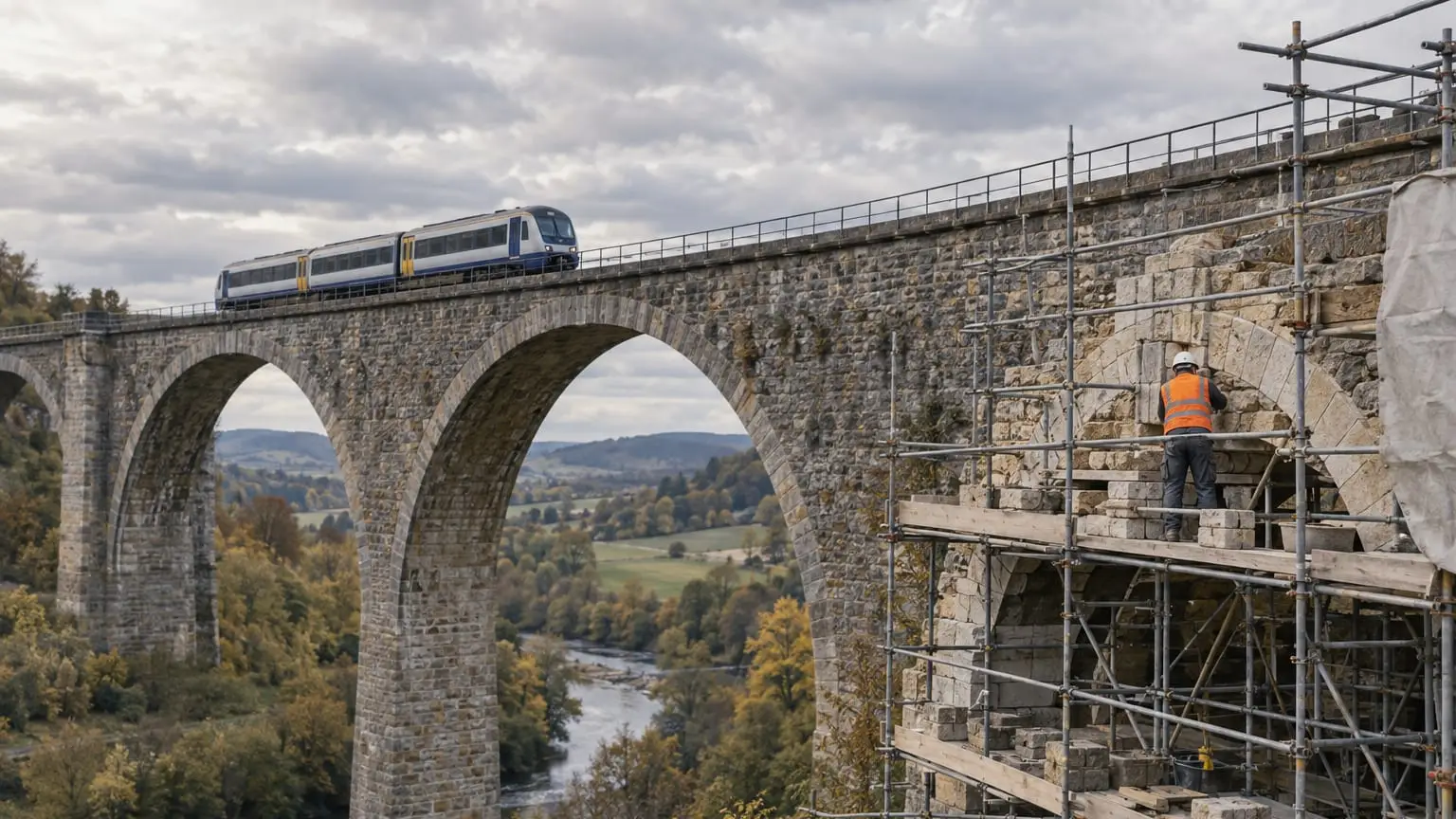 An old stone railway viaduct under renovation on an overcast day, scaffolding wrapped around one arch while a regional train crosses above, a worker seen from behind on the scaffolding fitting new stones